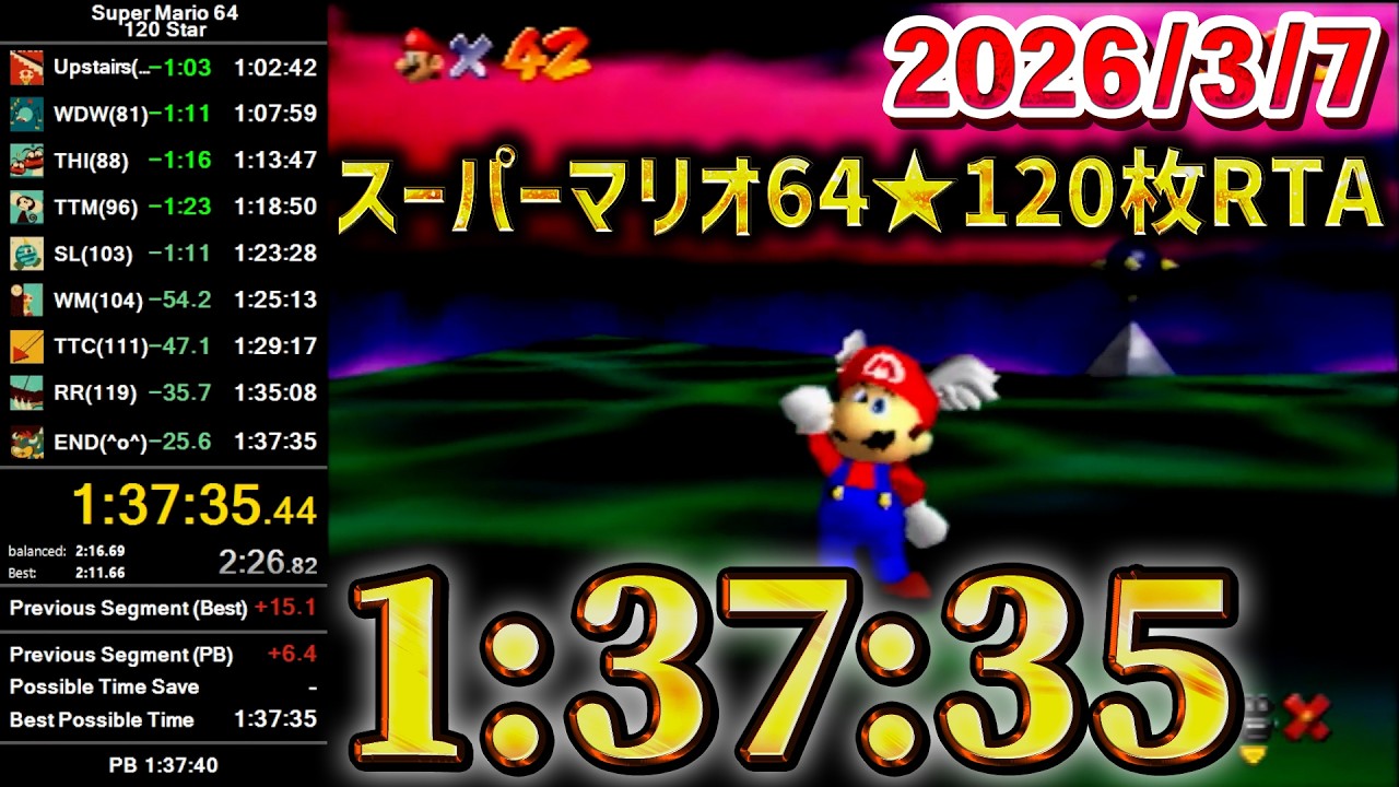 スーパーマリオ64☆120枚RTA 1:37:35 【バトラ】